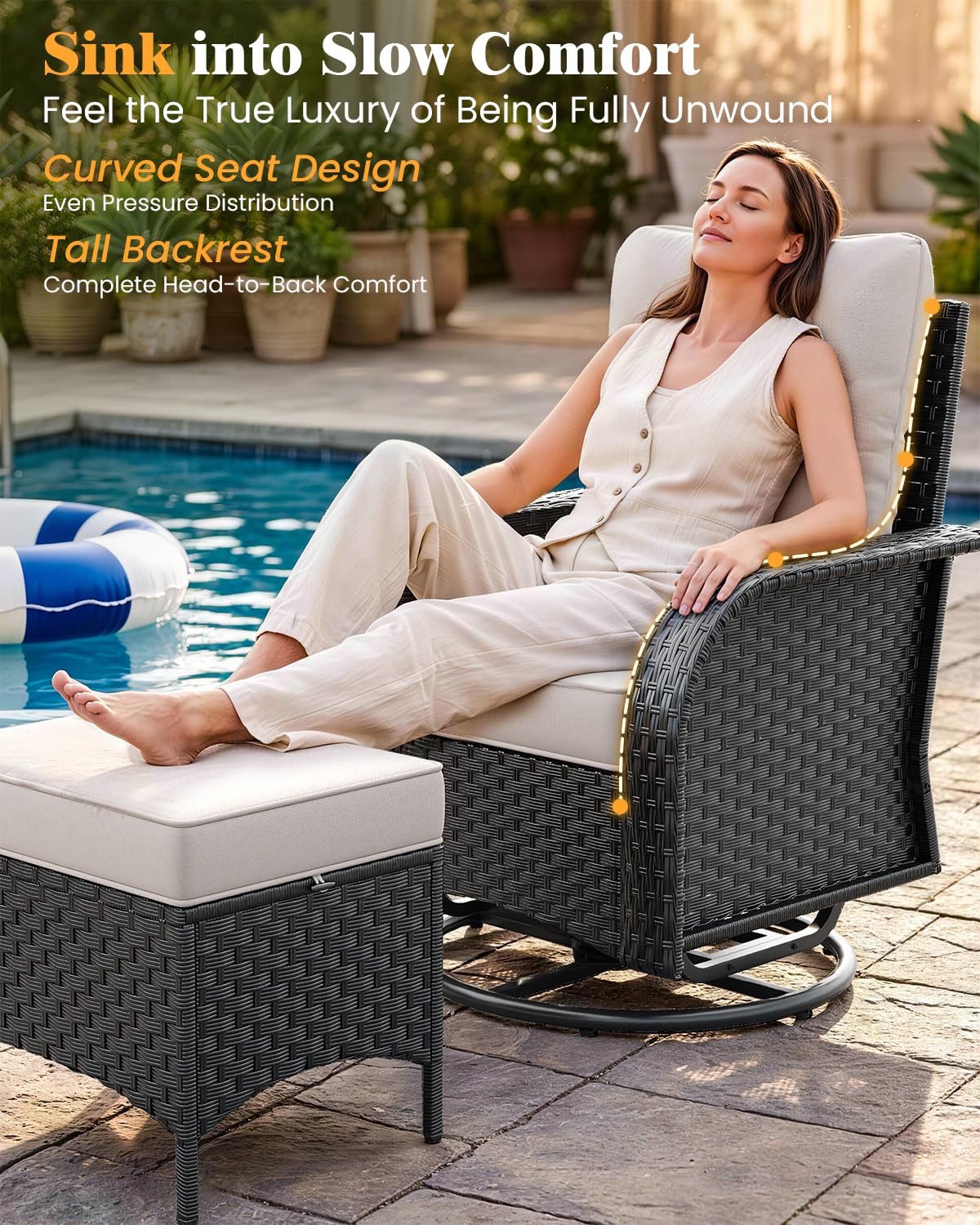 6 Pieces Outdoor Patio Furniture Set, Wicker Swivel Rocker Chairs Sets | Luxury Weather-Resistant High Back Outdoor Sectional Set for Large Deck Yard Poolside Brown Rattan Blue Cushions