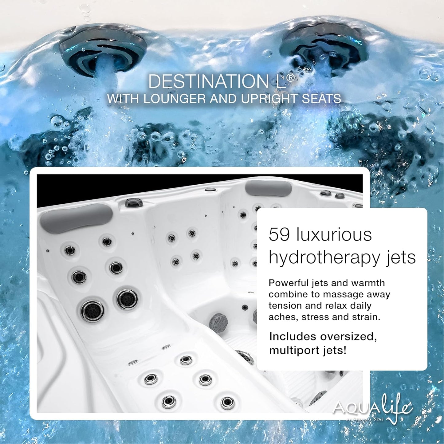 Destination Outdoor Hot Tub, 5-Person 59-Jet 80-Port 4-Pump Lounger Spa with Waterfall Arch and Bluetooth Stereo by Aqualife by Strong Spas