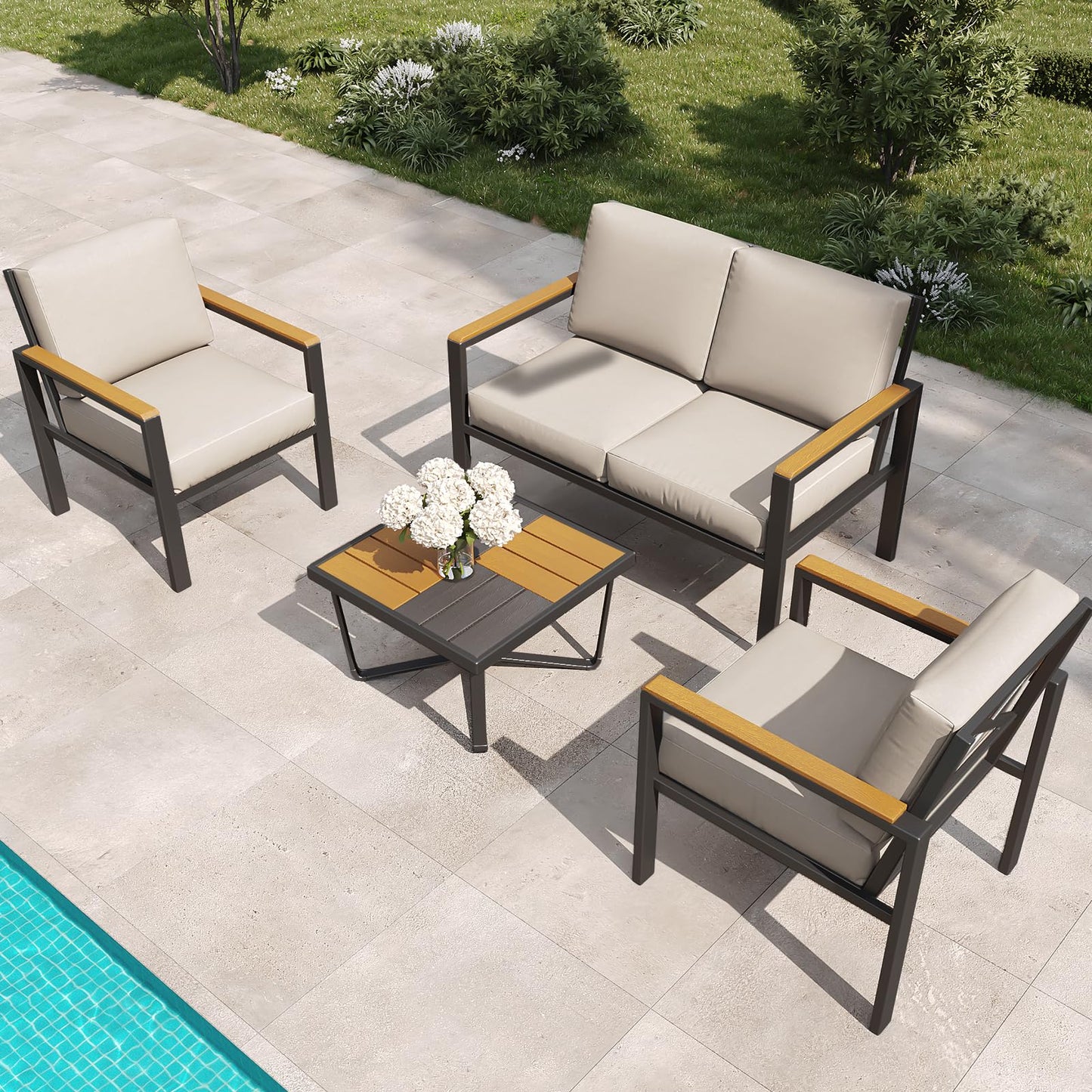 5-Piece Patio Furniture Set with 28” Propane Fire Pit Table, Heavy-Duty Metal Outdoor Conversation Set with Deep Cushions & Wood-Like Armrests for Patio, Porch, Backyard, Garden – Grey