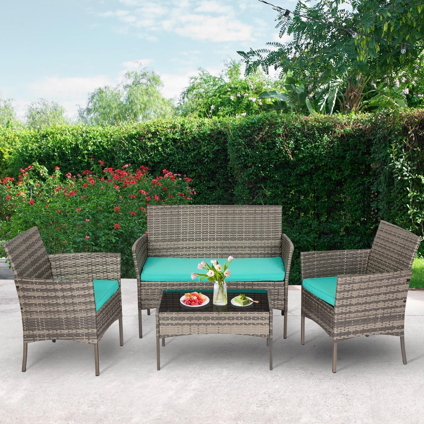 FDW 4-Piece Patio Furniture Set | Black | Outdoor Wicker Furniture | with Coffee Table | Modern Rattan Chairs Conversation Set | Outdoor Seating | Weather-Resistant | for Porch, Garden, Lawn