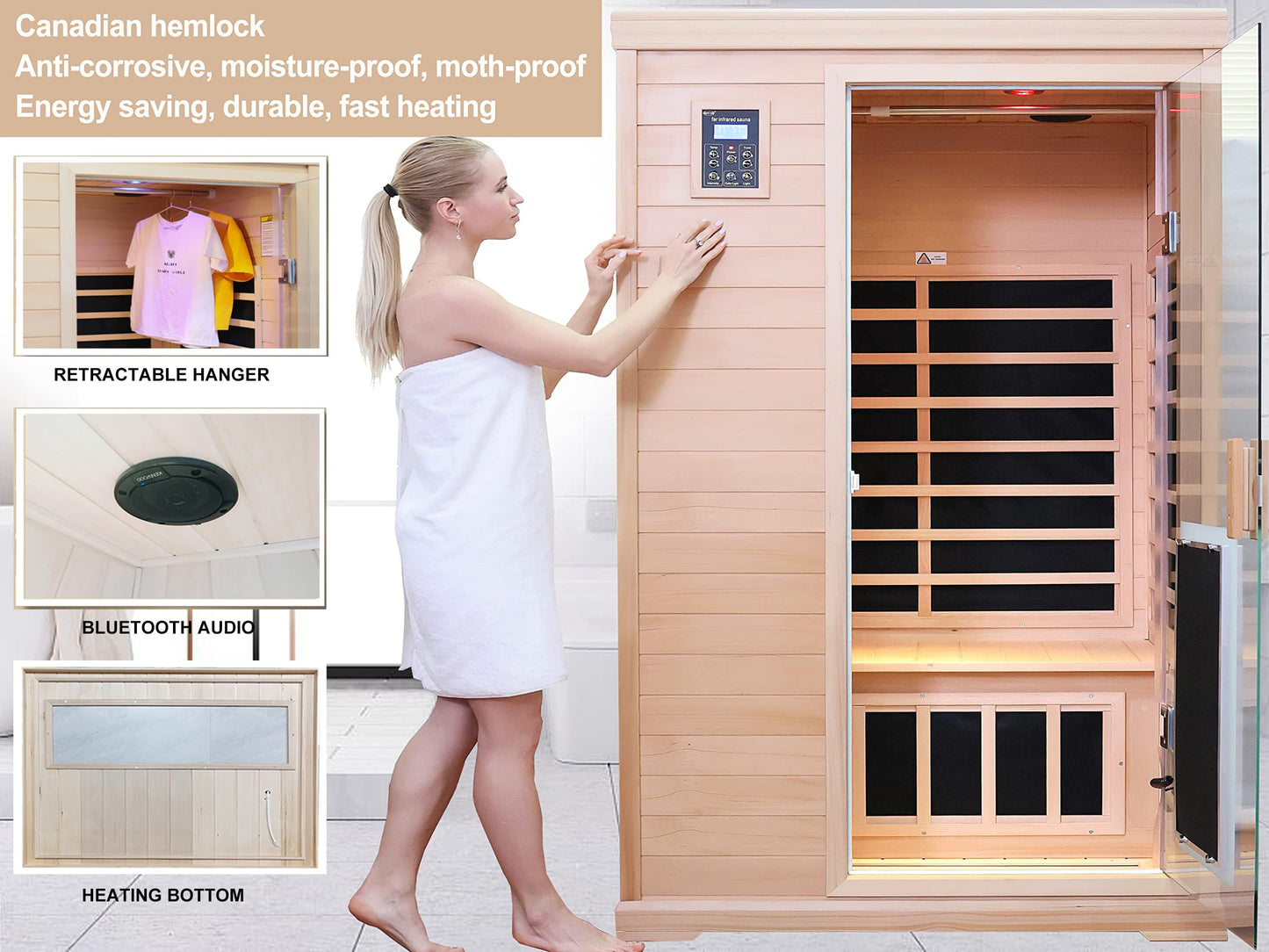 3 Person Infrared Sauna Ceramic Infrared Sauna w/Red Light Therapy | Far & Near Infrared Sauna Indoor, Low EMF Infrared Saunas for Home, Hemlock Deluxe Glass Home Sauna with Granite Backdrop