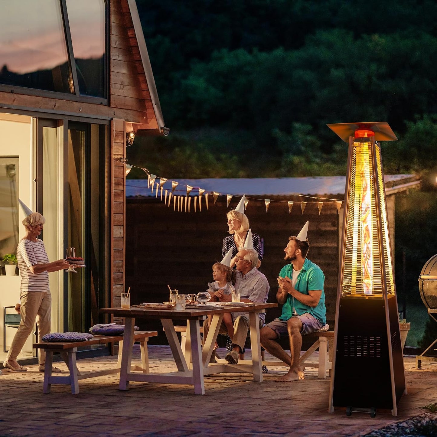 48,000 BTU Flame Pyramid Pool Heater With Cover, Triple Safety Protection Portable Patio Heater with Patio Cover, Warm Glass Tube with Durable Wheels-Black