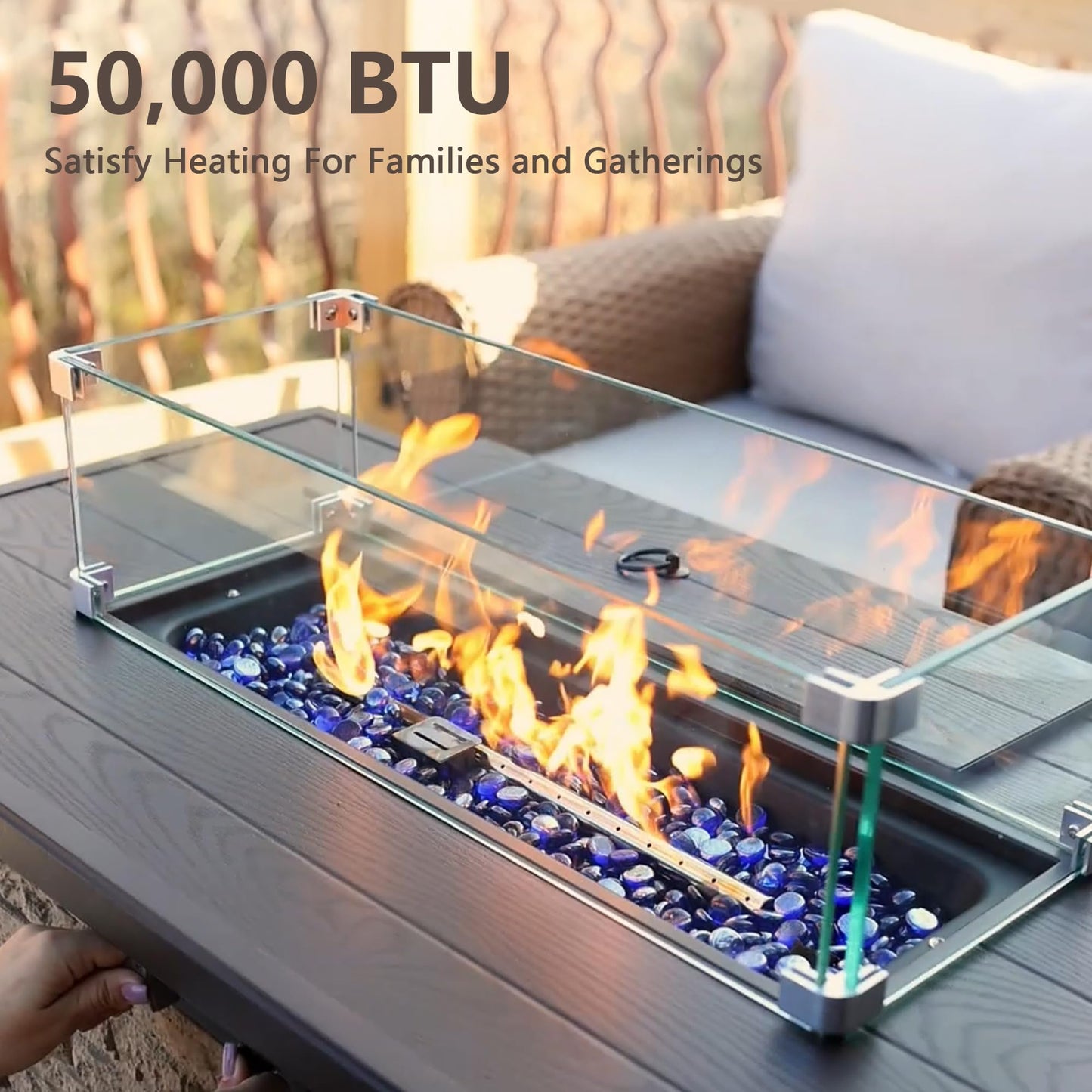 43 Inch Outdoor Firepit Table 50,000 BTU Propane Gas Fire Pit | Rectangle Stone Fire Table with Glass Wind Guard, Rain Cover, Fire Stones and Removable Lid, CSA Certified (Brown)
