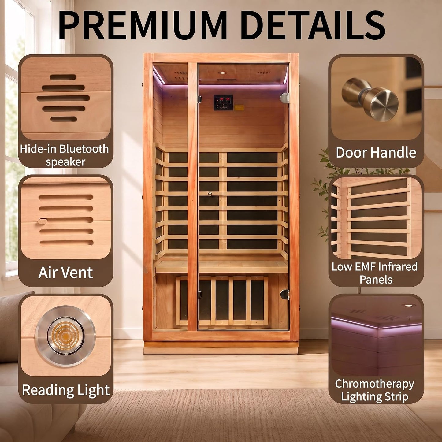 1-2 Person Indoor Far Infrared Luxury Sauna, Low-EMF 1510W/120V | Dual Lighting Features with Reading Light & Chromotherapy LED, Clear BT Speaker Sound, Natural Wood Construction,