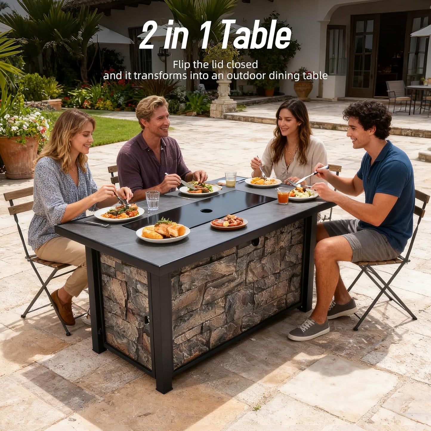 48" Fire Pit Table, 50000 BTU, Ceramic Top, Propane with Lava Rocks & Cover | Rectangular Propane Fire Table,Stone-look Panel, Ideal for Family Parties, Daily Leisure, Patio Backyard Deck Garden Use