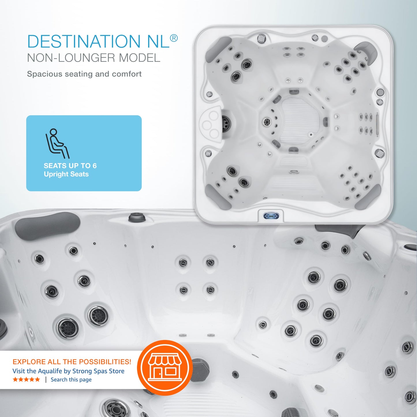 Destination Outdoor Hot Tub, 5-Person 59-Jet 80-Port 4-Pump Lounger Spa with Waterfall Arch and Bluetooth Stereo by Aqualife by Strong Spas