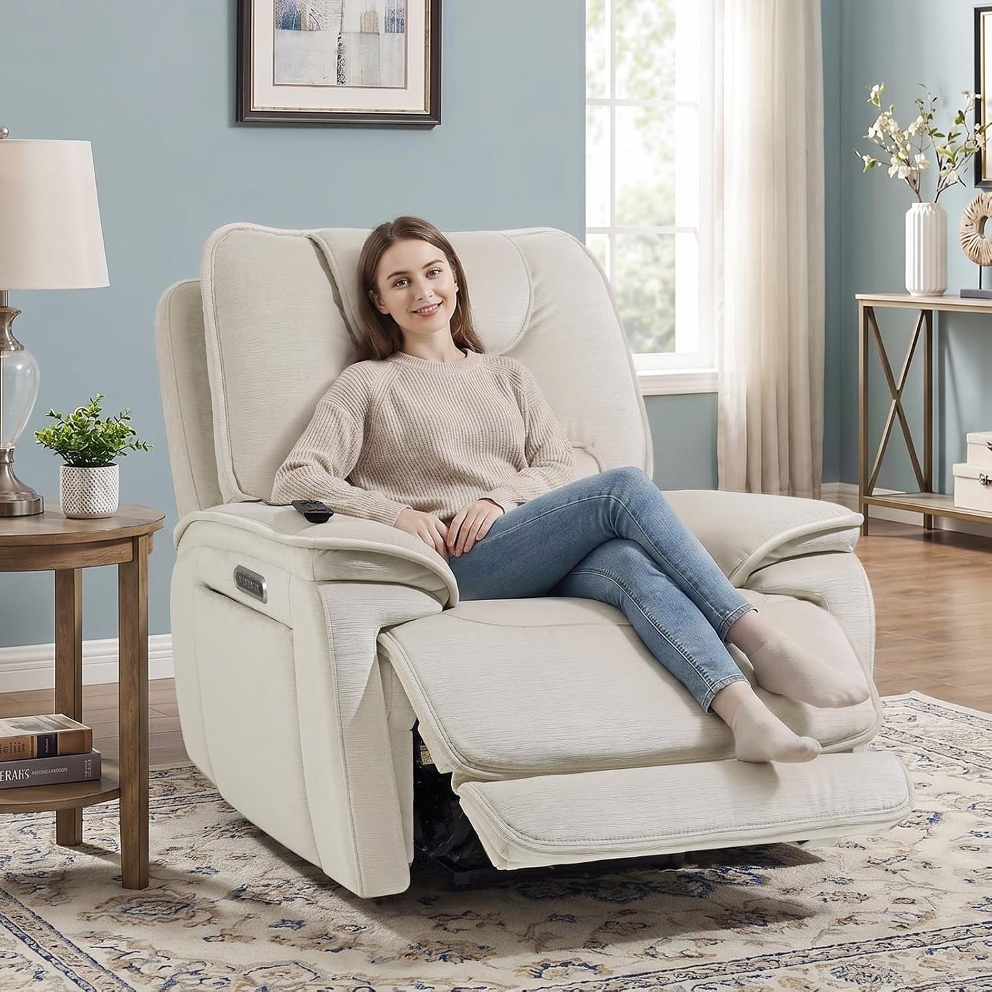 EONIX Triple Motor Lay Flat Zero Gravity Power Recliner, Cream White | Adjustable Headrest, Infinite Position, Lay Flat, USB Ports, 3.9" Footrest, Cup Holder, Living Room