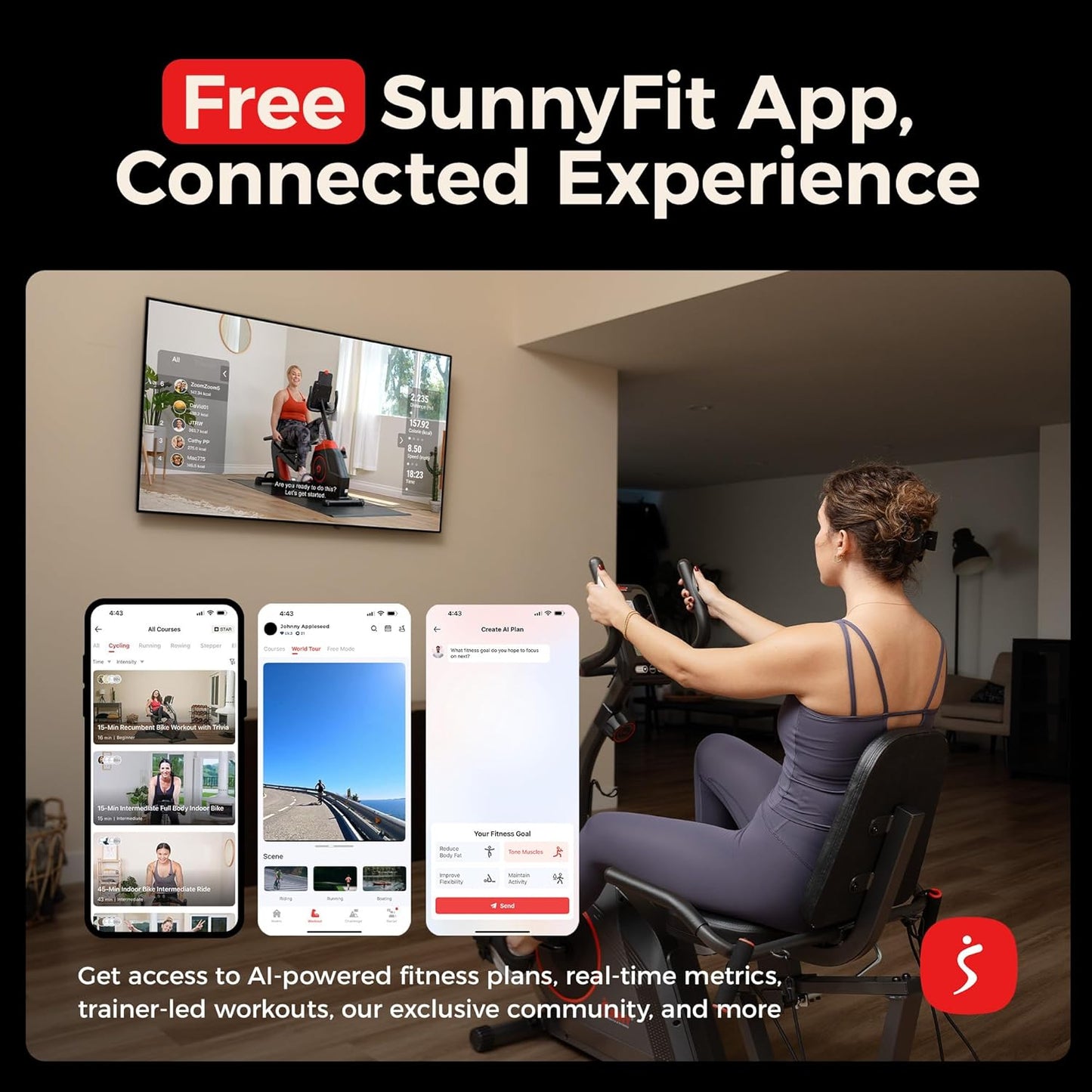 Sunny Health & Fitness Smart Recumbent Bike, Wide Cushioned Seat & Back, Indoor Cycling Machine for Adult/Seniors Home Exercise, Free SunnyFit App Connection