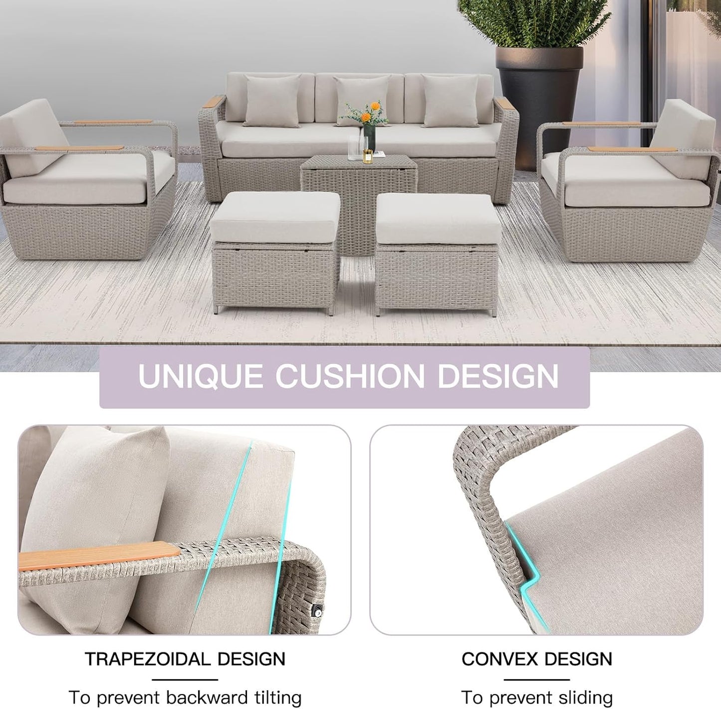 Patio Furniture Set, Oversized 7-Seat Outdoor Sectional with Ottoman and Coffee Table, Wicker Rattan Patio Sofa Set with 5" Thick Removable Cushions for Garden, Porch, Backyard, Light Gray