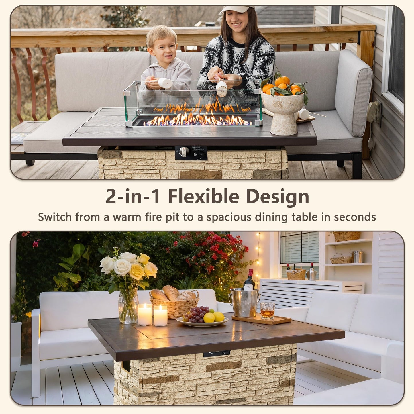 43 Inch Outdoor Firepit Table 50,000 BTU Propane Gas Fire Pit | Rectangle Stone Fire Table with Glass Wind Guard, Rain Cover, Fire Stones and Removable Lid, CSA Certified (Brown)