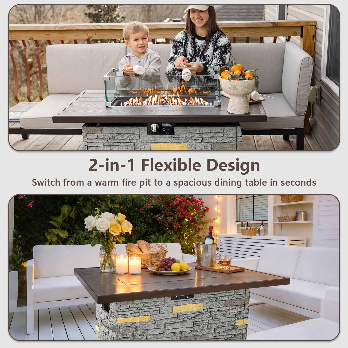 43 Inch Outdoor Firepit Table 50,000 BTU Propane Gas Fire Pit | Rectangle Stone Fire Table with Glass Wind Guard, Rain Cover, Fire Stones and Removable Lid, CSA Certified (Brown)
