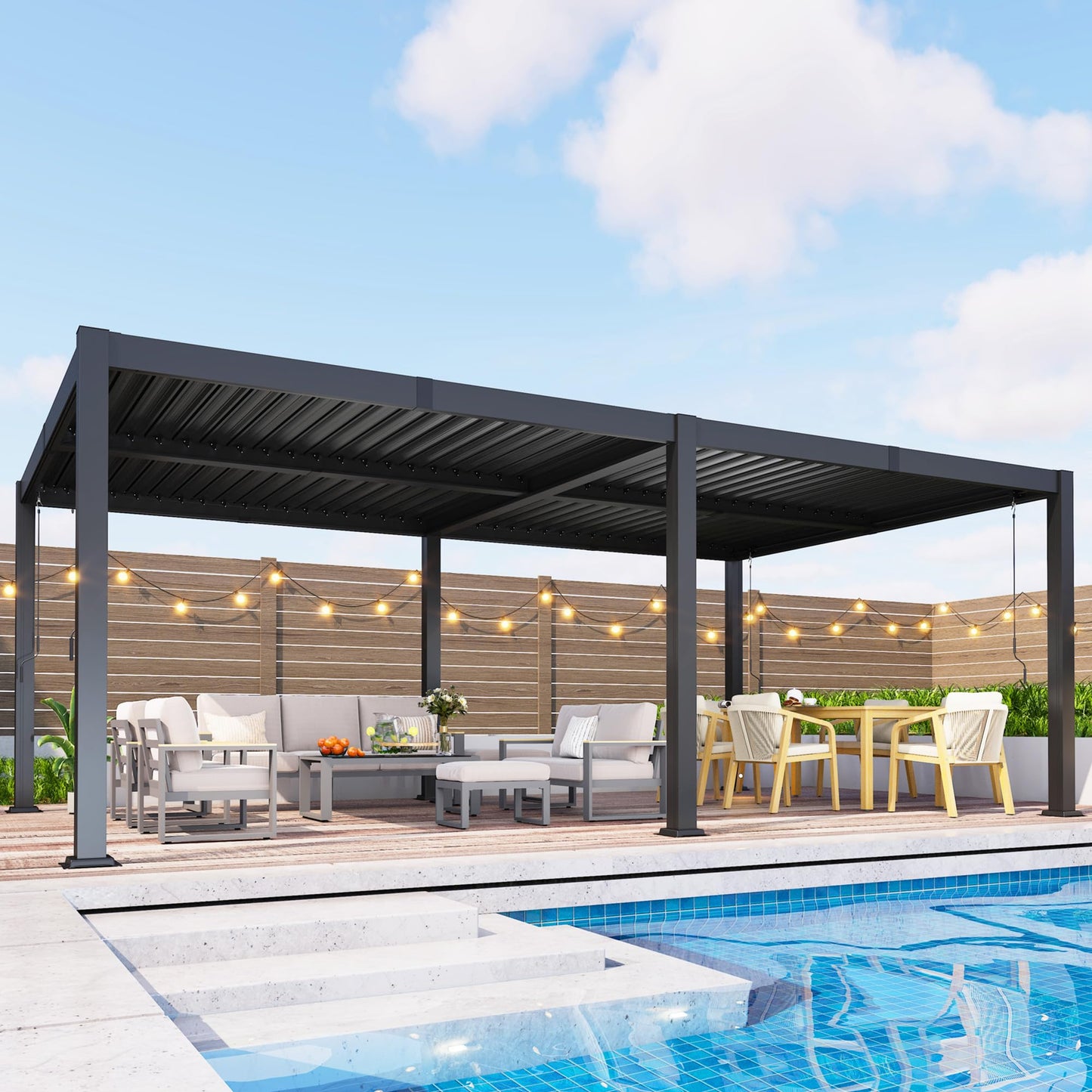 12' x 16' Pergola with Curtain & Adjustable Roof & Aluminum Frame for Patio | Louvered Pergola, Patio Pergola with Netting & Gutter System, Outdoor Pergola, Hardtop Gazebo for Deck, Yard, Dark Gray