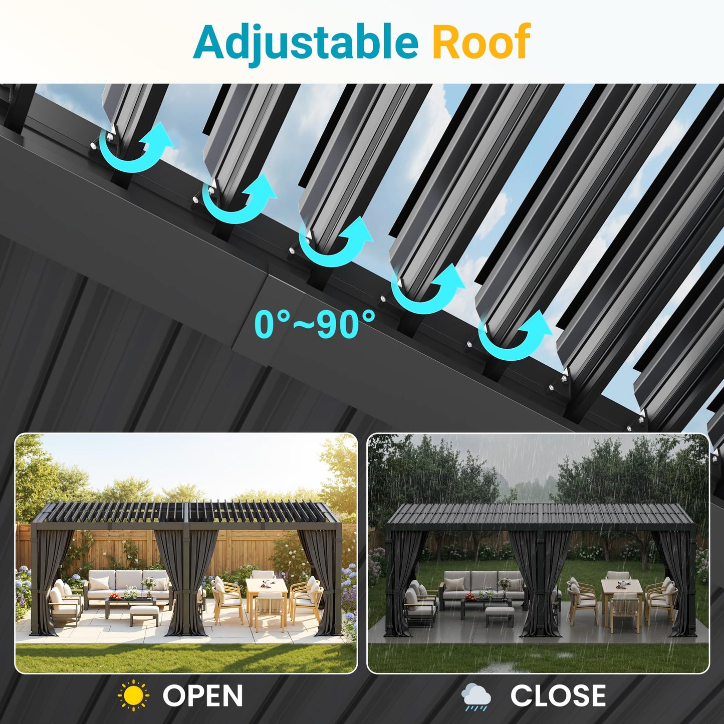 12' x 16' Pergola with Curtain & Adjustable Roof & Aluminum Frame for Patio | Louvered Pergola, Patio Pergola with Netting & Gutter System, Outdoor Pergola, Hardtop Gazebo for Deck, Yard, Dark Gray