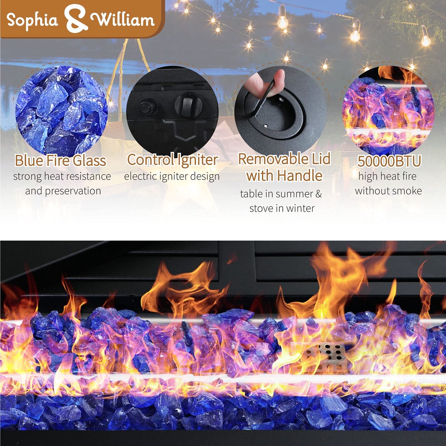 Sophia & William 56 Inch Gas Fire Pit Table,Rectangular Propane Fireplace | Outdoor Rattan Propane Fire Table with Fire Glass, Lid, 50,000 BTU Firepits for Outside Patio