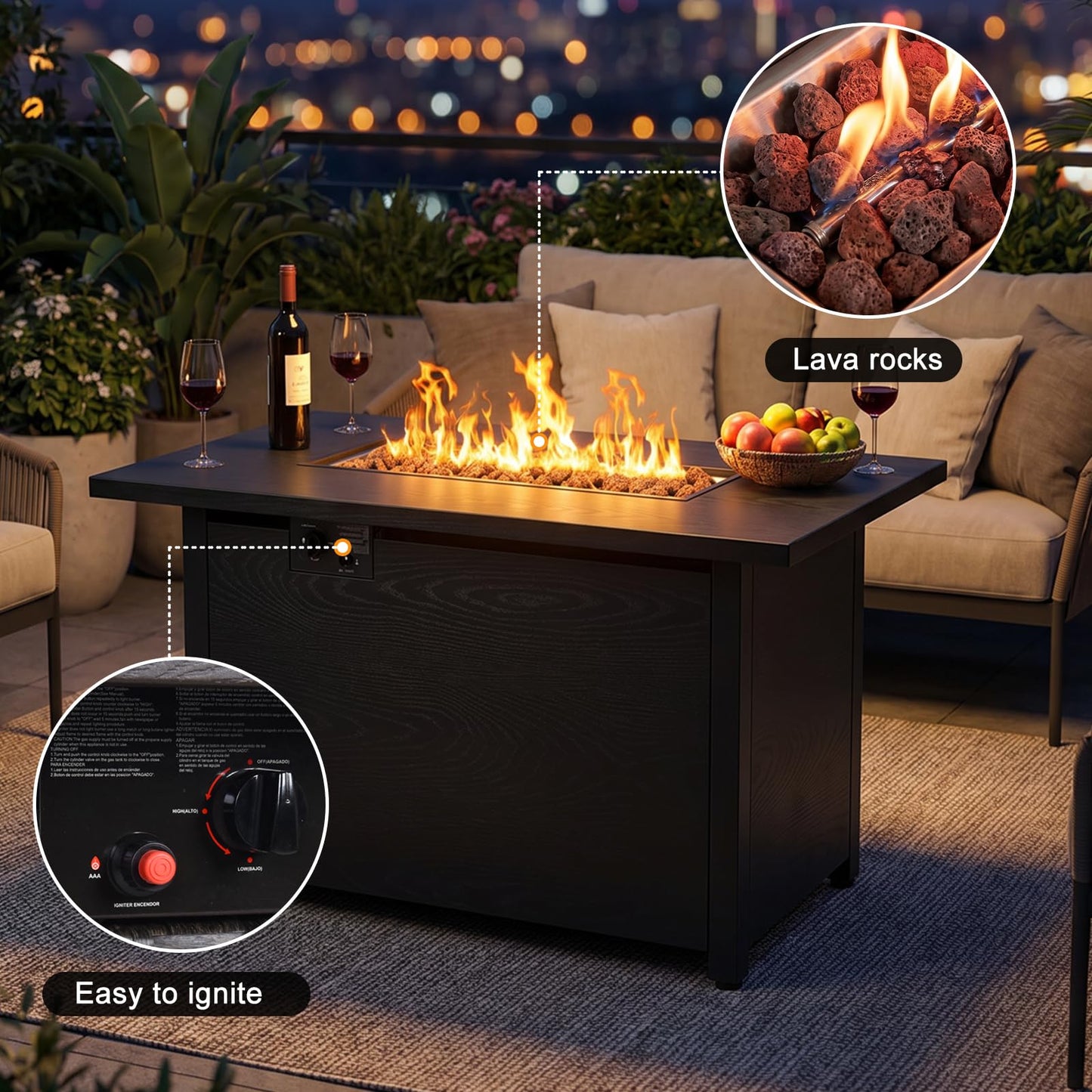 Fire Pit Table, 50,000 BTU Propane Fire Pit Tables for Outside Patio, Brown | 42 Inch Rectangular Fire Pit Table, 2-IN-1 Fire Table with Removable Lid and Blue Glass Stones, CSA Certification