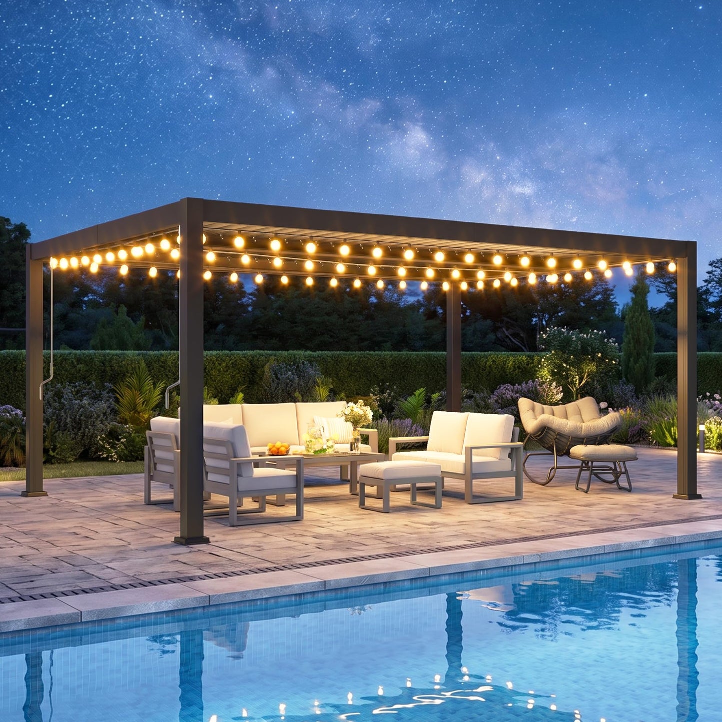 12' x 16' Pergola with Curtain & Adjustable Roof & Aluminum Frame for Patio | Louvered Pergola, Patio Pergola with Netting & Gutter System, Outdoor Pergola, Hardtop Gazebo for Deck, Yard, Dark Gray
