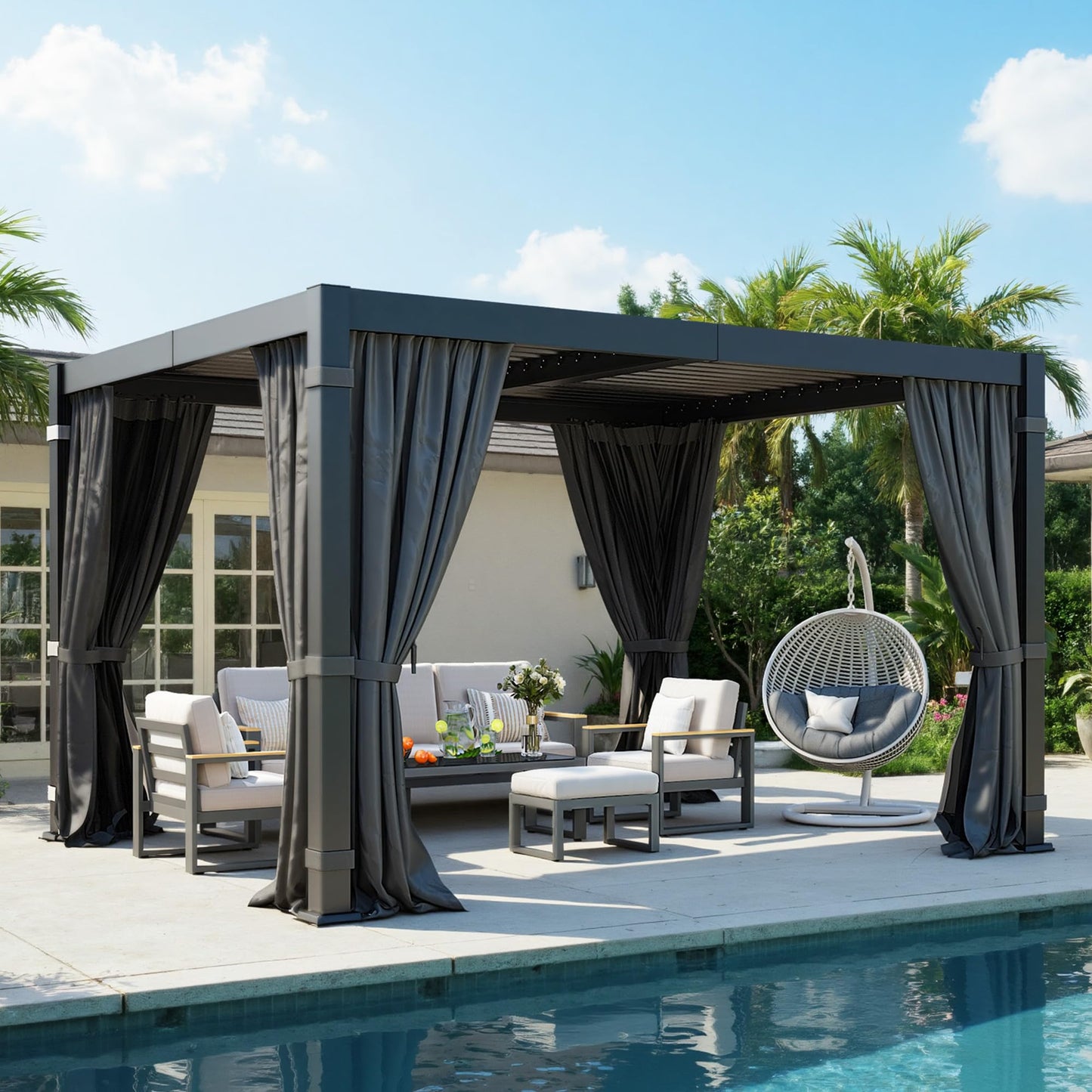 12' x 16' Pergola with Curtain & Adjustable Roof & Aluminum Frame for Patio | Louvered Pergola, Patio Pergola with Netting & Gutter System, Outdoor Pergola, Hardtop Gazebo for Deck, Yard, Dark Gray