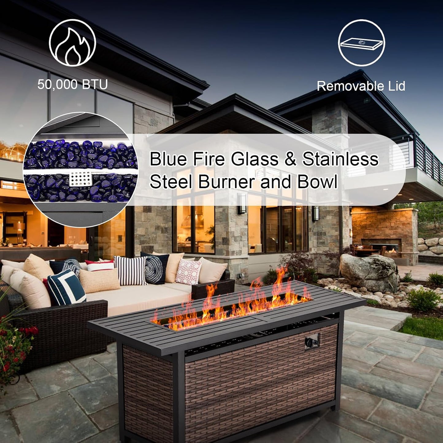 Sophia & William 56 Inch Gas Fire Pit Table,Rectangular Propane Fireplace | Outdoor Rattan Propane Fire Table with Fire Glass, Lid, 50,000 BTU Firepits for Outside Patio