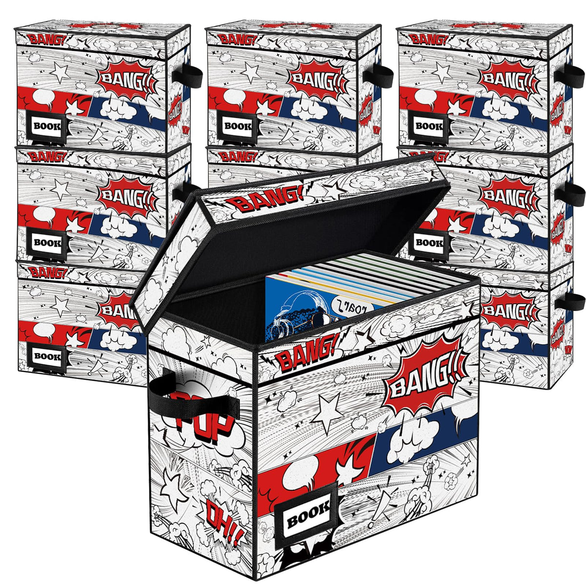 Comic Book Storage Box, 15.8" X 7.8" X 11.8", Heavy Duty Collapsible Holds 160-180 Comic Book Bin Container Holder Shelf (Cartoon Bombs)