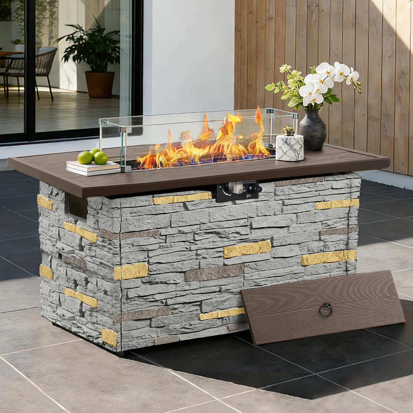 43 Inch Outdoor Firepit Table 50,000 BTU Propane Gas Fire Pit | Rectangle Stone Fire Table with Glass Wind Guard, Rain Cover, Fire Stones and Removable Lid, CSA Certified (Brown)