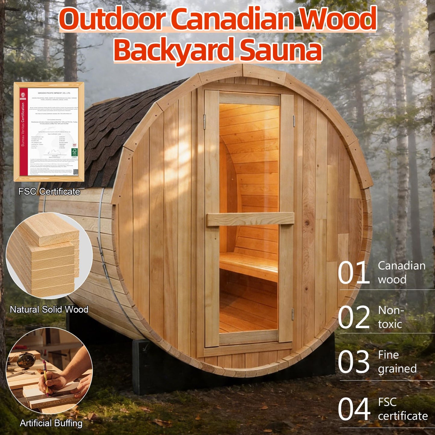 Outdoor Barrel Steam Sauna, 6-8 Person Canadian Hemlock Traditional Wooden Steam Saunas with 220V/6KW Toule Electric Stove, Tempered Glass Sauna Kits for Backyard & Garden (0-195℉)