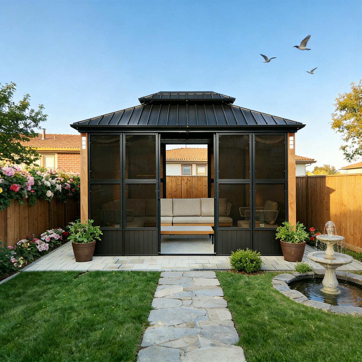 PURPLE LEAF Sunroom 12' x 14' Solarium Double Roof Gazebo, Sliding Doors
