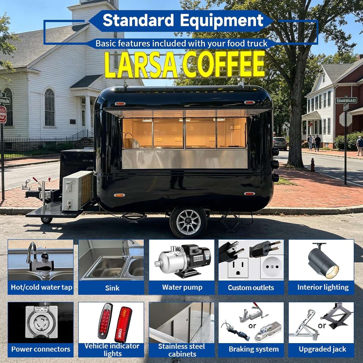 10ft Black Mobile Coffee Trailer for Sale, Commercial Food Truck with DOT | Mini Concession Truck for Beverage and Fast Snack, Retro Food Cart with Custom Services for Office Buildings