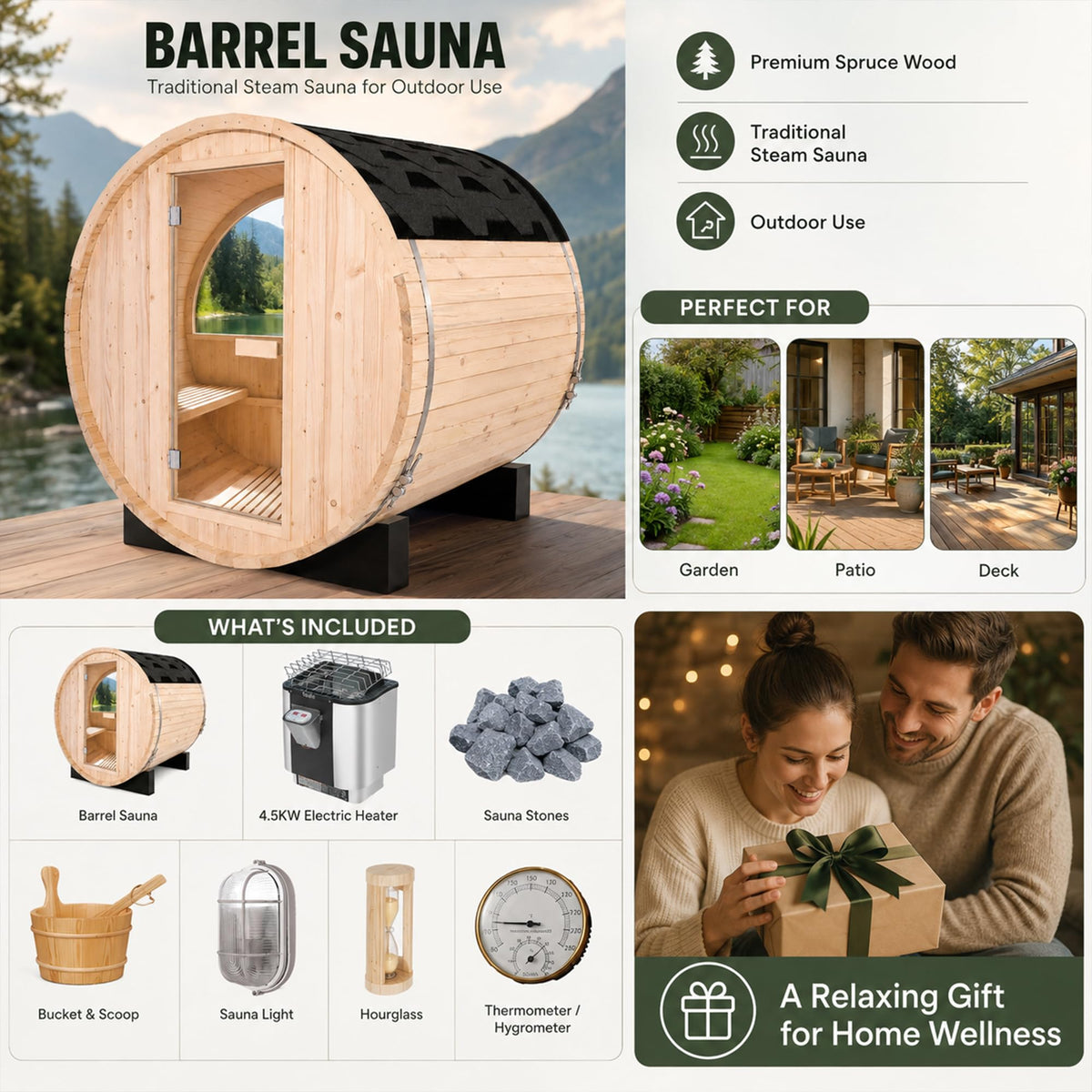 Panoramic Outdoor Sauna,Canadian Cedar 4-6 Person Steam Saunas