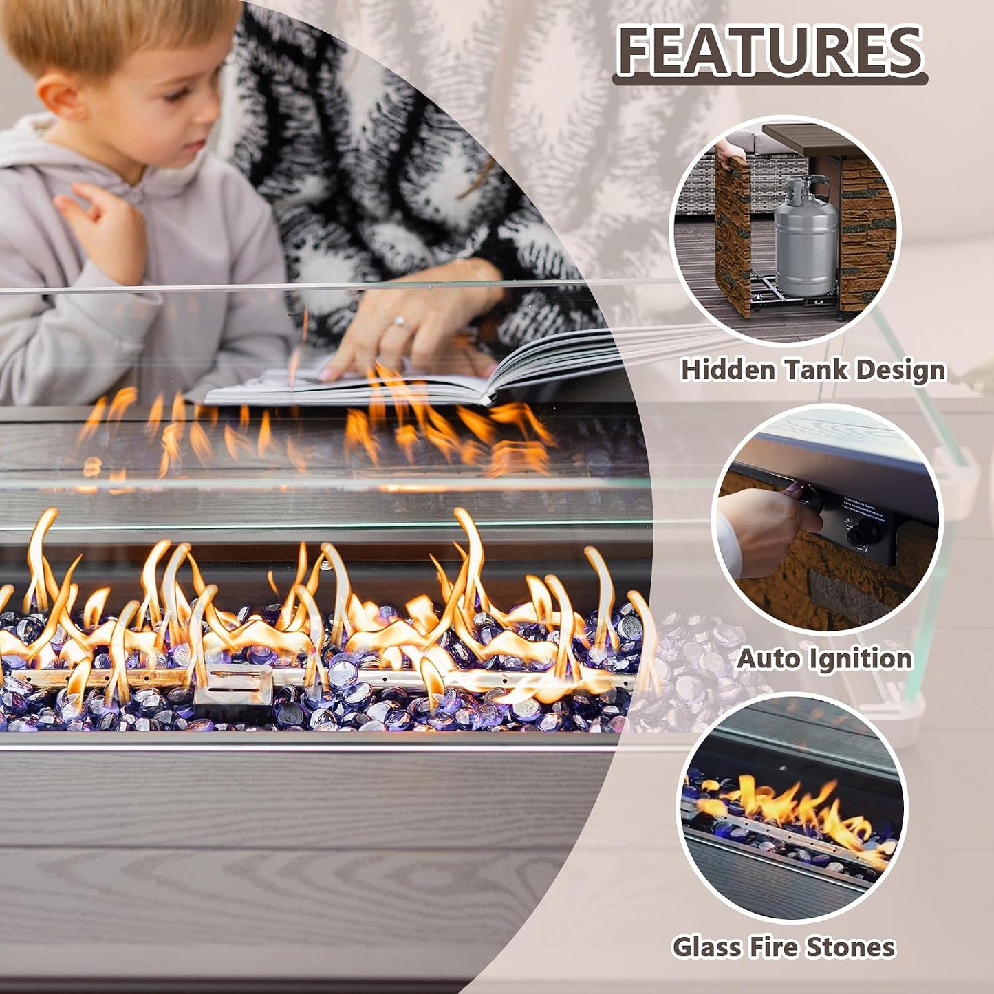 43 Inch Outdoor Firepit Table 50,000 BTU Propane Gas Fire Pit | Rectangle Stone Fire Table with Glass Wind Guard, Rain Cover, Fire Stones and Removable Lid, CSA Certified (Brown)