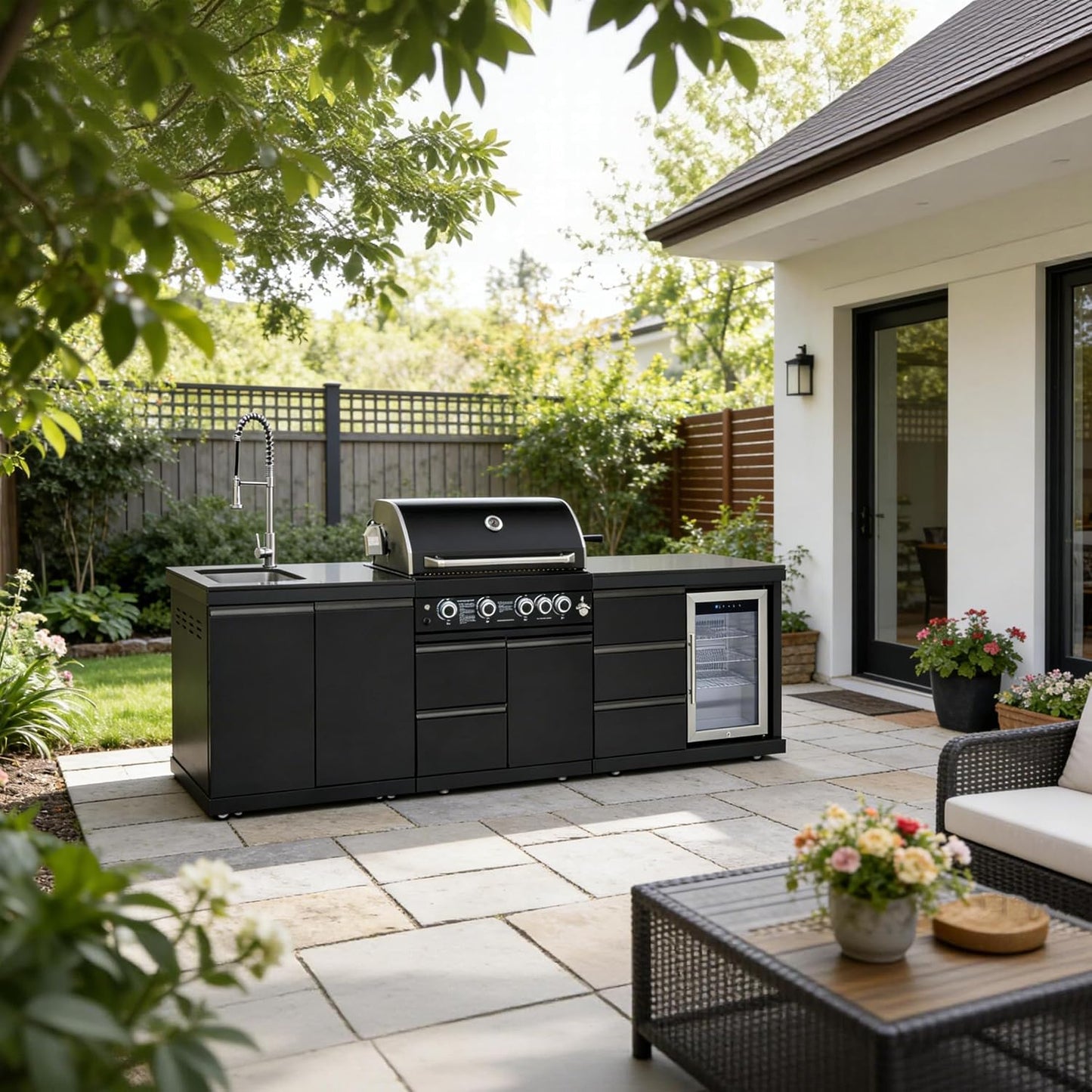 102.4 Inch Outdoor Kitchen Island | 4 Burner Propane Gas BBQ Grill with Sink and Refrigerator, 59500 BTU 304 Stainless Steel, Black (Black, 102.4"')
