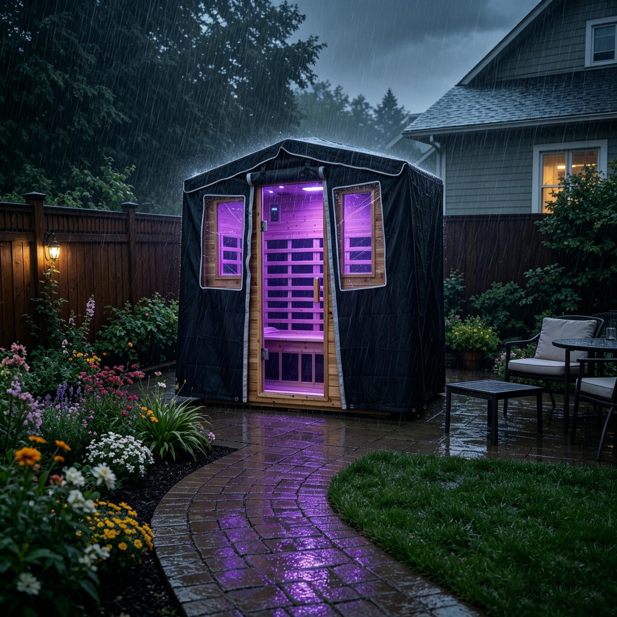 LTCCDSS Ultra-Low EMF Outdoor Infrared Sauna 2 Person, Composite Wood Far Infrared Sauna for Home, EMF 0.1-1mG, Bluetooth & Chromotherapy
