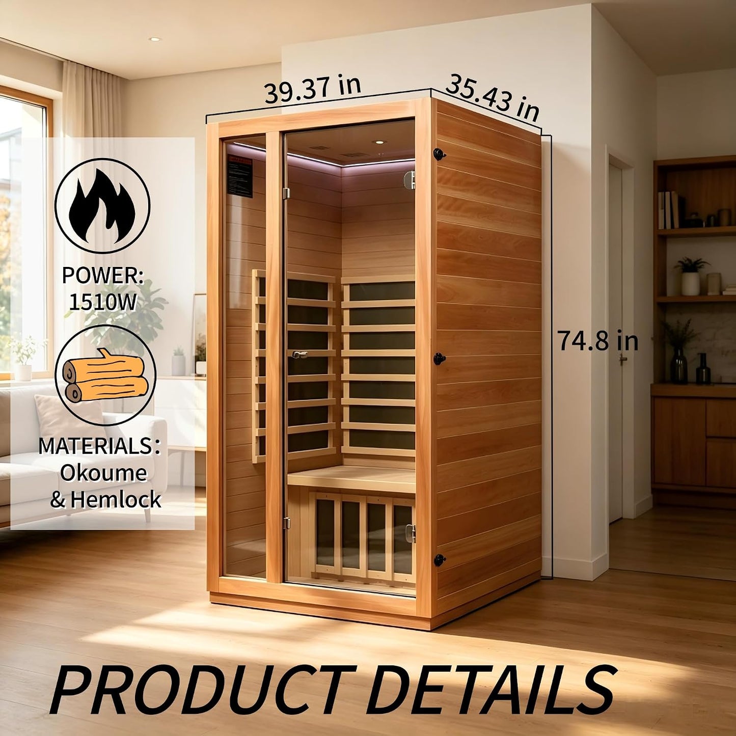 1-2 Person Indoor Far Infrared Luxury Sauna, Low-EMF 1510W/120V | Dual Lighting Features with Reading Light & Chromotherapy LED, Clear BT Speaker Sound, Natural Wood Construction,