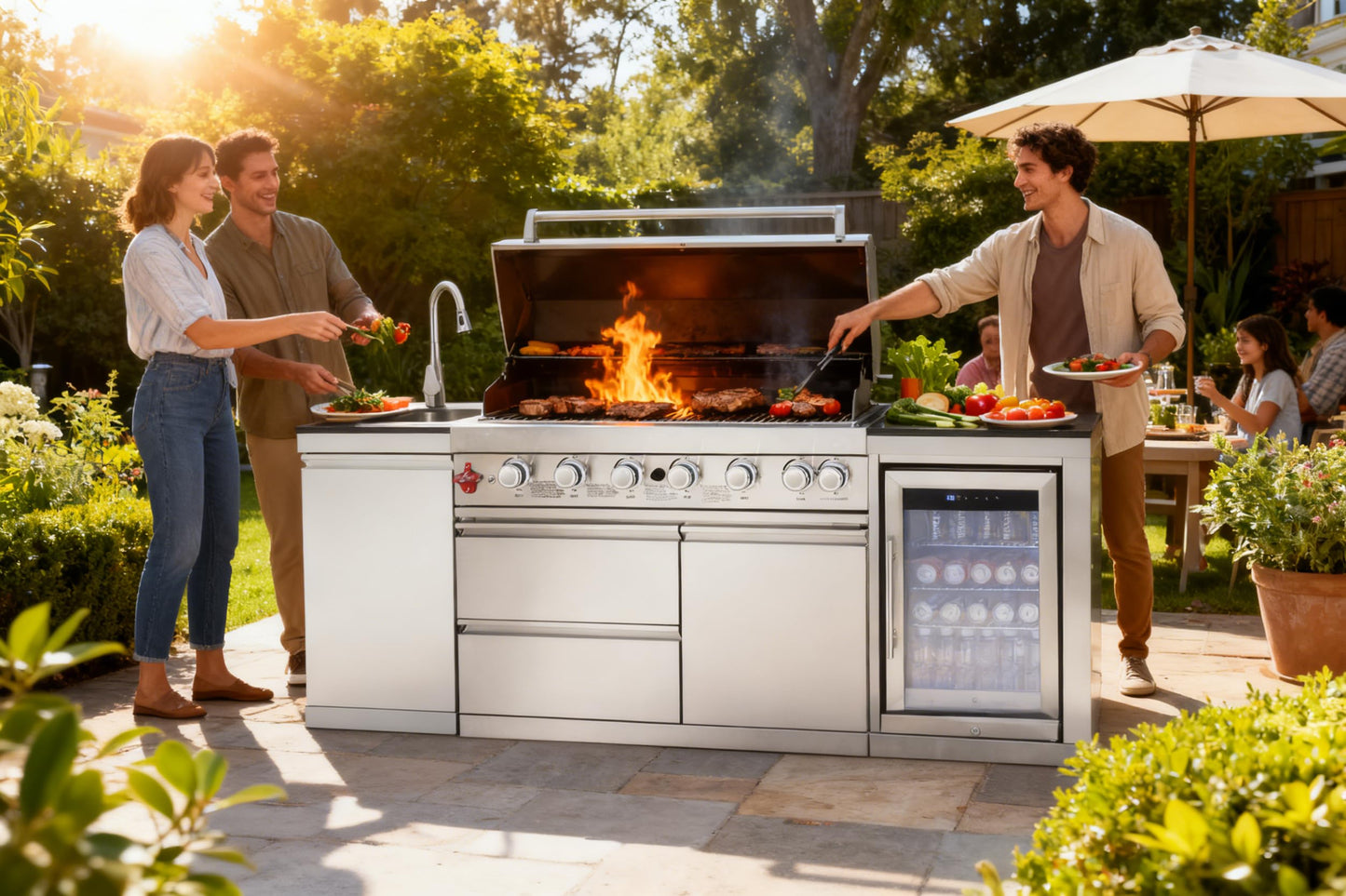 102.4 Inch Outdoor Kitchen Island | 4 Burner Propane Gas BBQ Grill with Sink and Refrigerator, 59500 BTU 304 Stainless Steel, Black (Black, 102.4"')