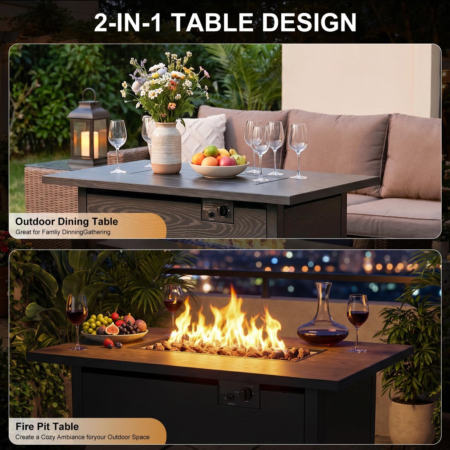 Fire Pit Table, 50,000 BTU Propane Fire Pit Tables for Outside Patio, Brown | 42 Inch Rectangular Fire Pit Table, 2-IN-1 Fire Table with Removable Lid and Blue Glass Stones, CSA Certification