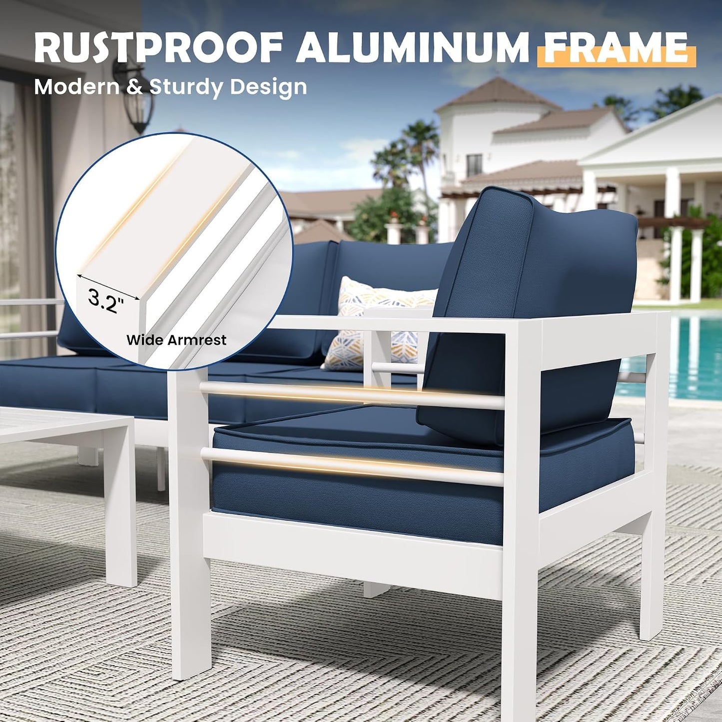 Amopatio Aluminum Patio Furniture Set, 6 Pieces Modern Outdoor Furniture | Outdoor Sectional with Coffee Table, Included Waterproof Covers, for Balcony, Garden, White&Blue