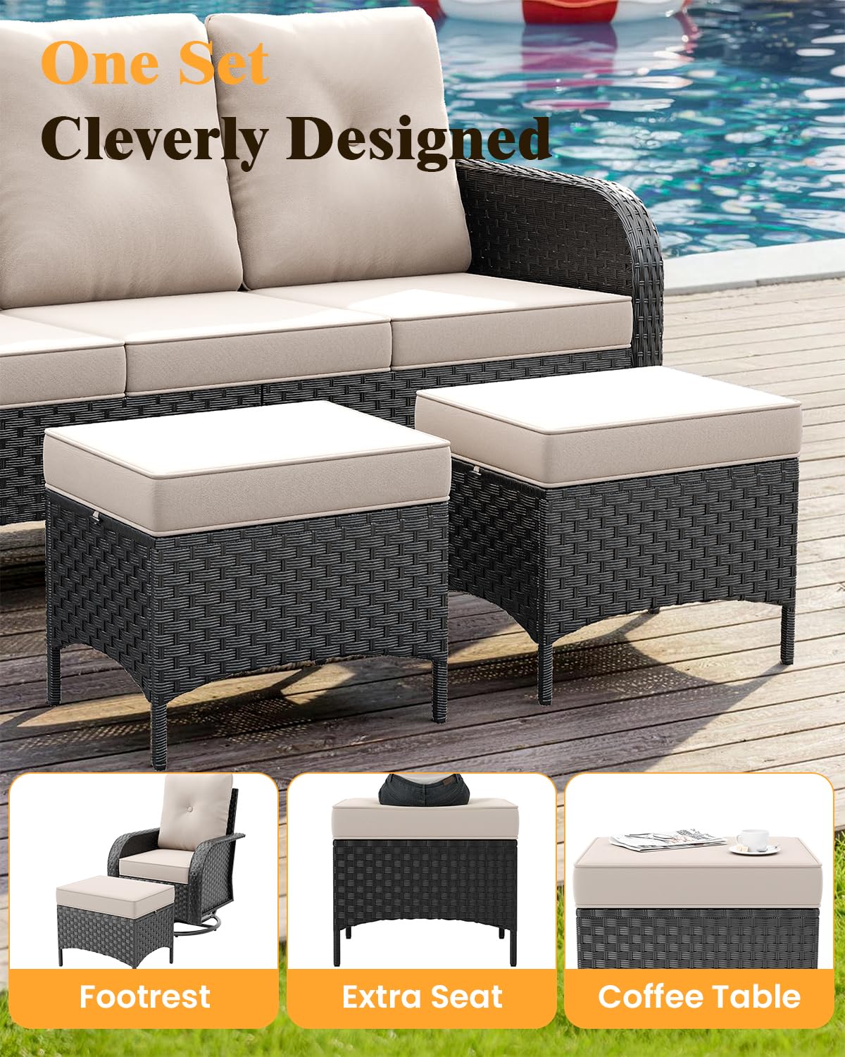 6 Pieces Outdoor Patio Furniture Set, Wicker Swivel Rocker Chairs Sets | Luxury Weather-Resistant High Back Outdoor Sectional Set for Large Deck Yard Poolside Brown Rattan Blue Cushions