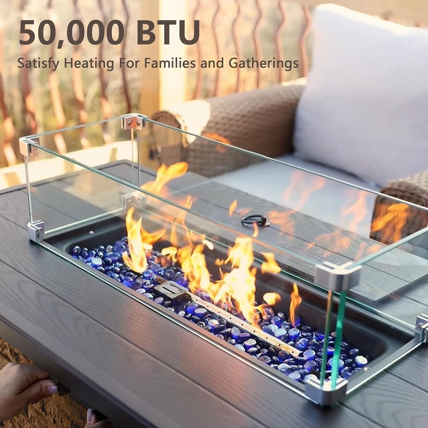 43 Inch Outdoor Firepit Table 50,000 BTU Propane Gas Fire Pit | Rectangle Stone Fire Table with Glass Wind Guard, Rain Cover, Fire Stones and Removable Lid, CSA Certified (Brown)