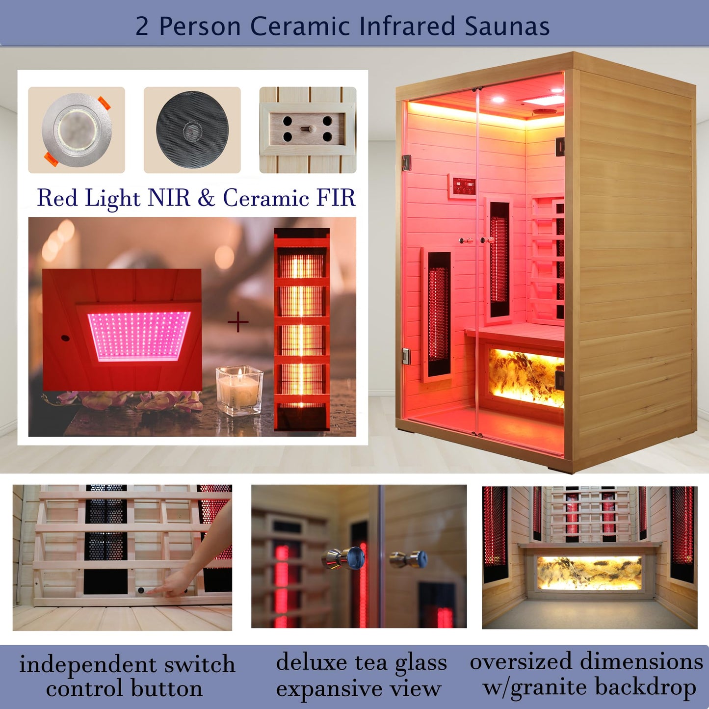3 Person Infrared Sauna Ceramic Infrared Sauna w/Red Light Therapy | Far & Near Infrared Sauna Indoor, Low EMF Infrared Saunas for Home, Hemlock Deluxe Glass Home Sauna with Granite Backdrop