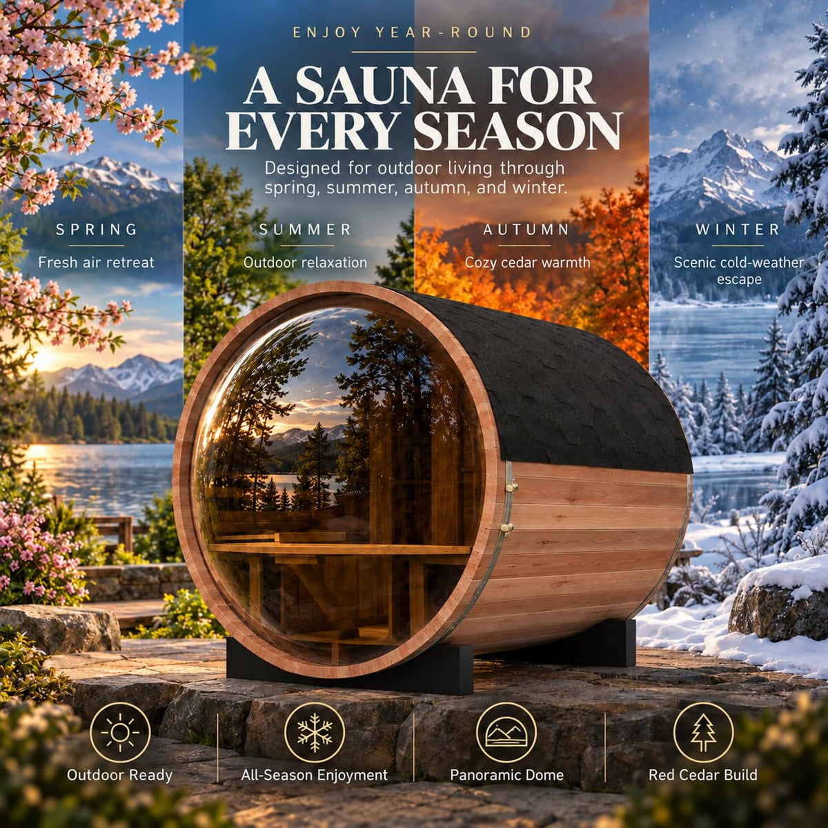 Outdoor Wooden Panoramic Barrel Sauna, 6-8 Person Sauna Room, 220V，6kw Toule Electric Heater with Sauna Stone, and Asphalt Shingle Roof (Red Ceder)