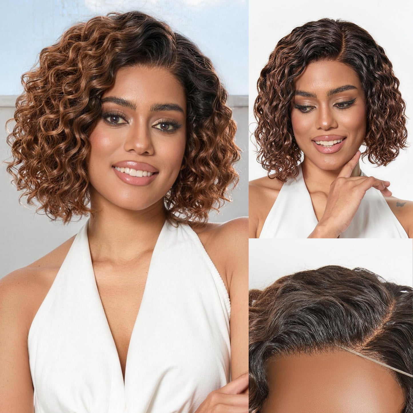 LUVME HAIR 12" Curly Bob Glueless with Blonde Highlights Wigs Human Hair | Without Spray Wigs Pre Plucked Pre Cut Undetectable HD Lace No-Glue Need Protective Wig Short Ready to Go Wig 180 Density