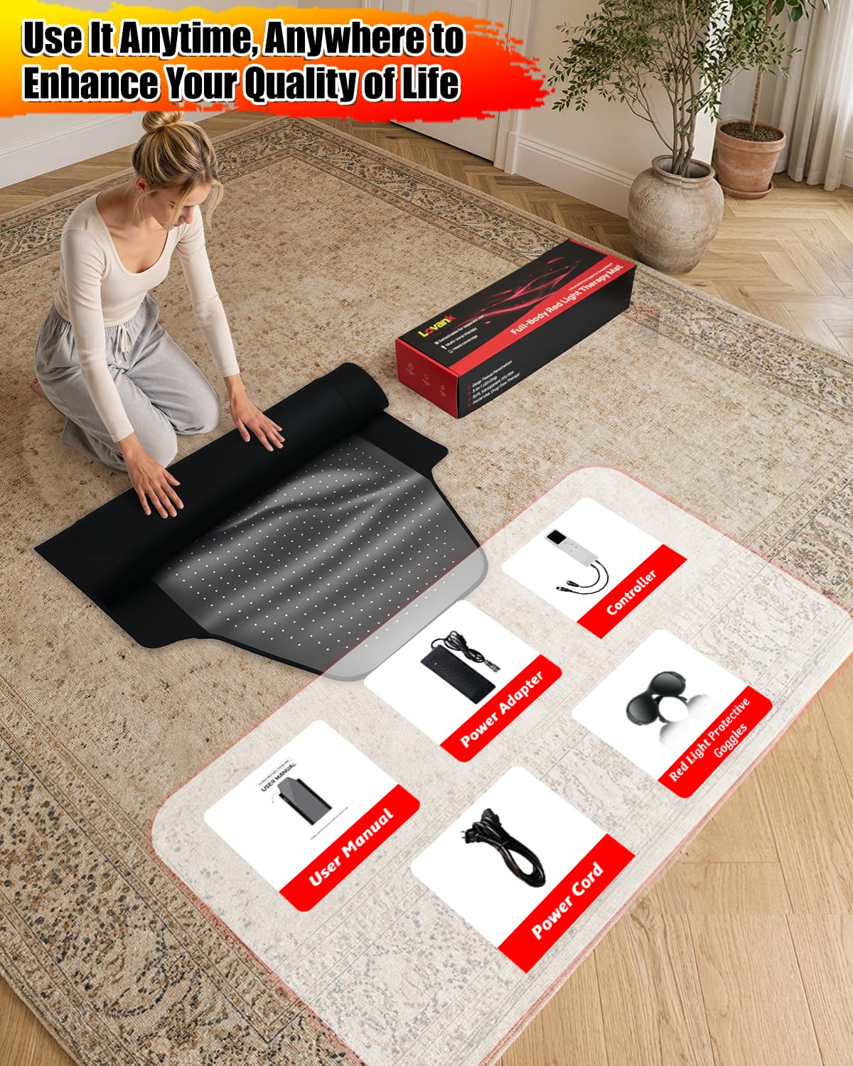 Red Light Therapy Mat Full Body 83" x 33", 2710 LEDs, 660&850nm | Easy-Clean TPU, 3 Light Modes, 5 Intensity Levels, Skin-Friendly for Everyday Home Use