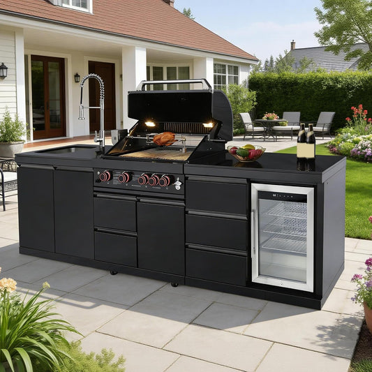 102.4 Inch Outdoor Kitchen Island | 4 Burner Propane Gas BBQ Grill with Sink and Refrigerator, 59500 BTU 304 Stainless Steel, Black (Black, 102.4"')