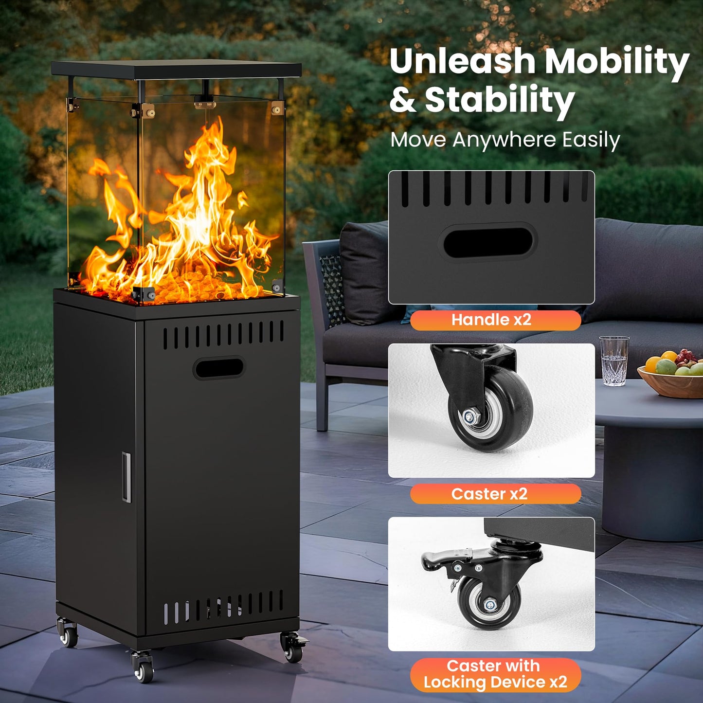 48,000 BTU Flame Pyramid Pool Heater With Cover, Triple Safety Protection Portable Patio Heater with Patio Cover, Warm Glass Tube with Durable Wheels-Black