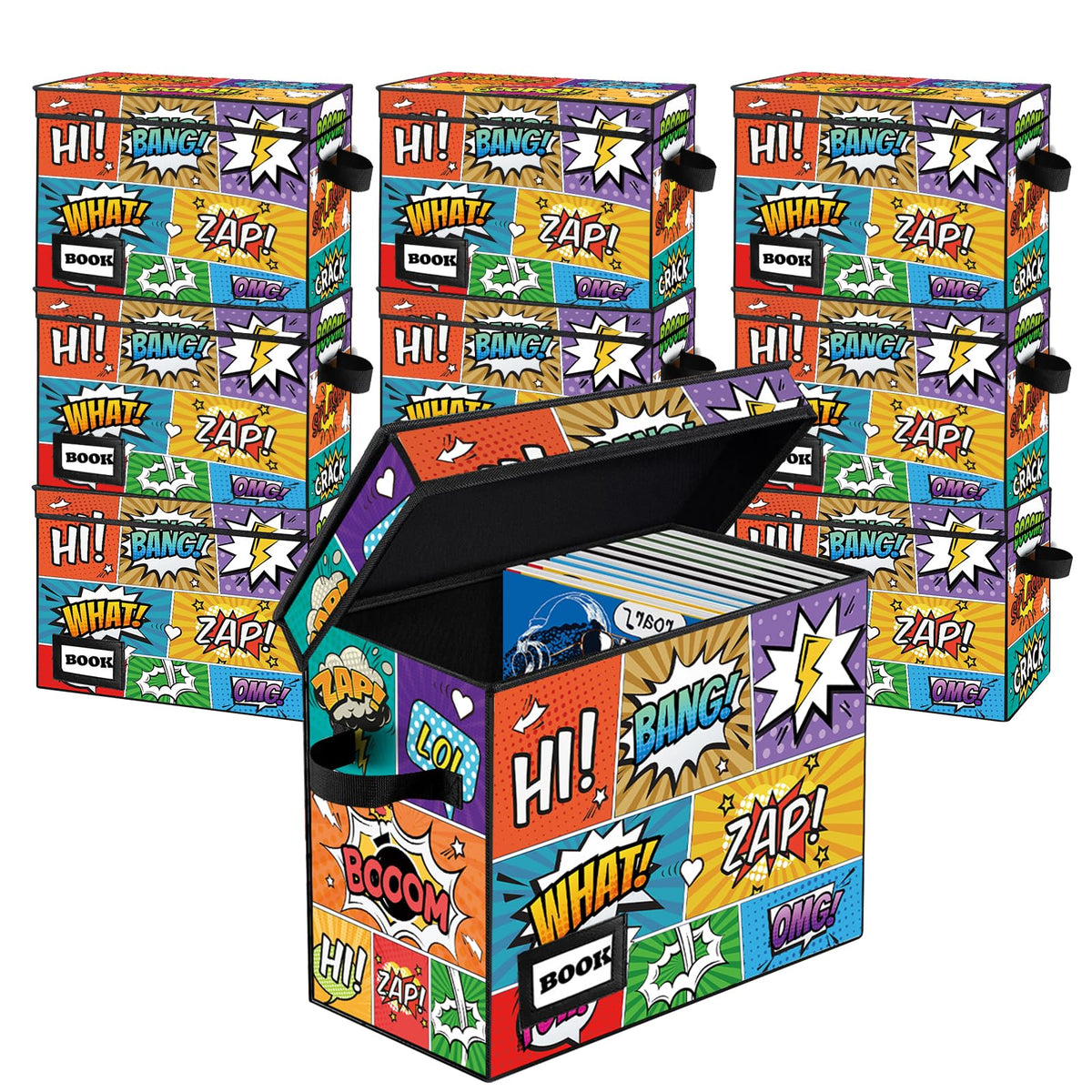 Comic Book Storage Box, 15.8" X 7.8" X 11.8", Heavy Duty Collapsible Holds 160-180 Comic Book Bin Container Holder Shelf (Cartoon Bombs)