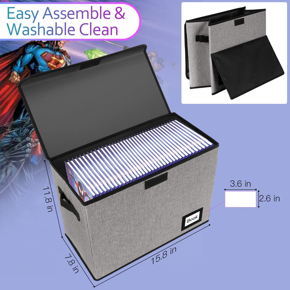 Comic Book Storage Box, 15.8" X 7.8" X 11.8", Heavy Duty Collapsible Holds 160-180 Comic Book Bin Container Holder Shelf (Cartoon Bombs)