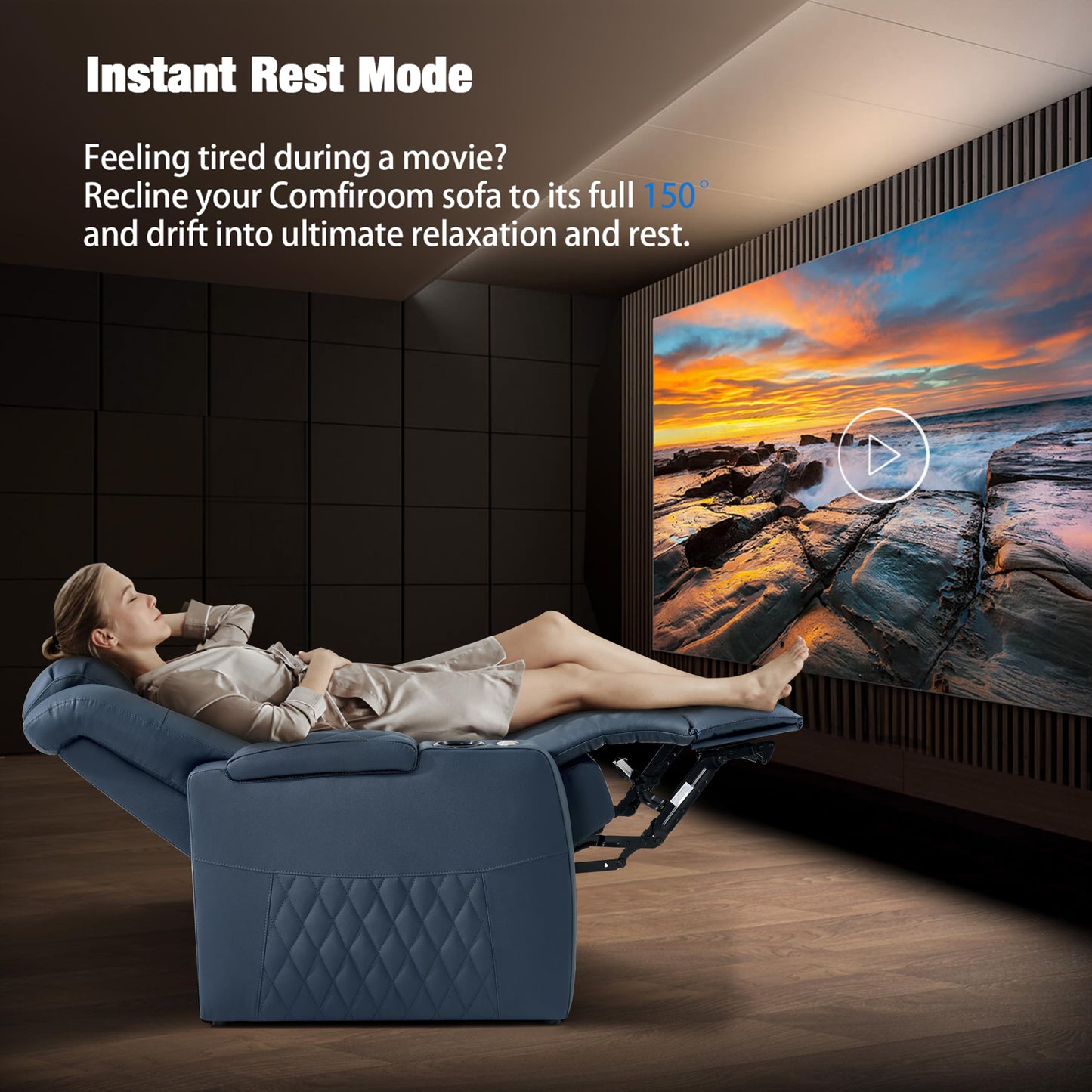 comfiroom Top-Grain Leather Home Theater Seating, Dual-Motor Power Recliner | Classic Series Black Zero Gravity Motorized Theater Chair with USB-C Charging, Adjustable Headrest, Tray Table, Row of 1