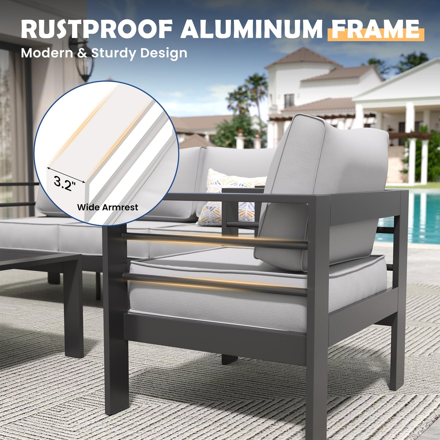 Amopatio Aluminum Patio Furniture Set, 6 Pieces Modern Outdoor Furniture | Outdoor Sectional with Coffee Table, Included Waterproof Covers, for Balcony, Garden, White&Blue