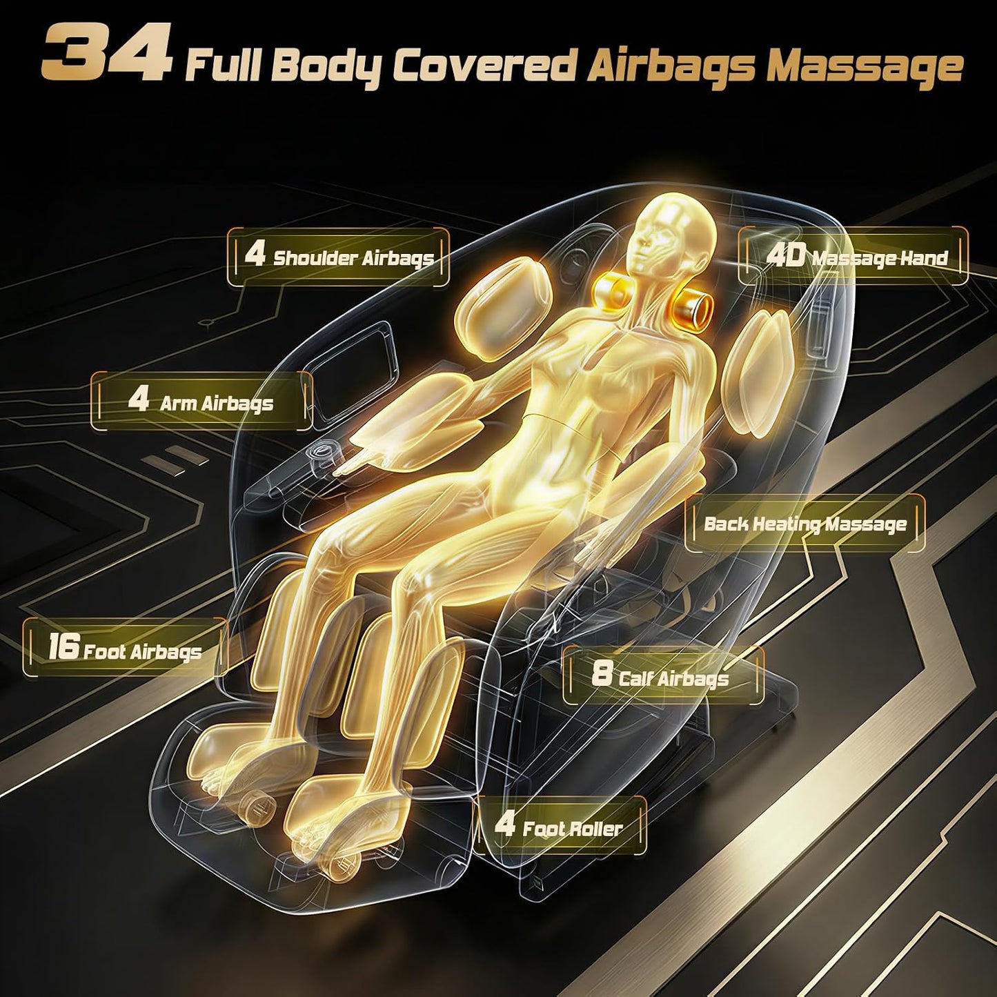 4D Massage Chair Full Body 55" SL Track Zero Gravity Recliner | 34 Airbags Massage, 20 Auto Massage Programs, Auto Body Scan, AI Voice Control, Black