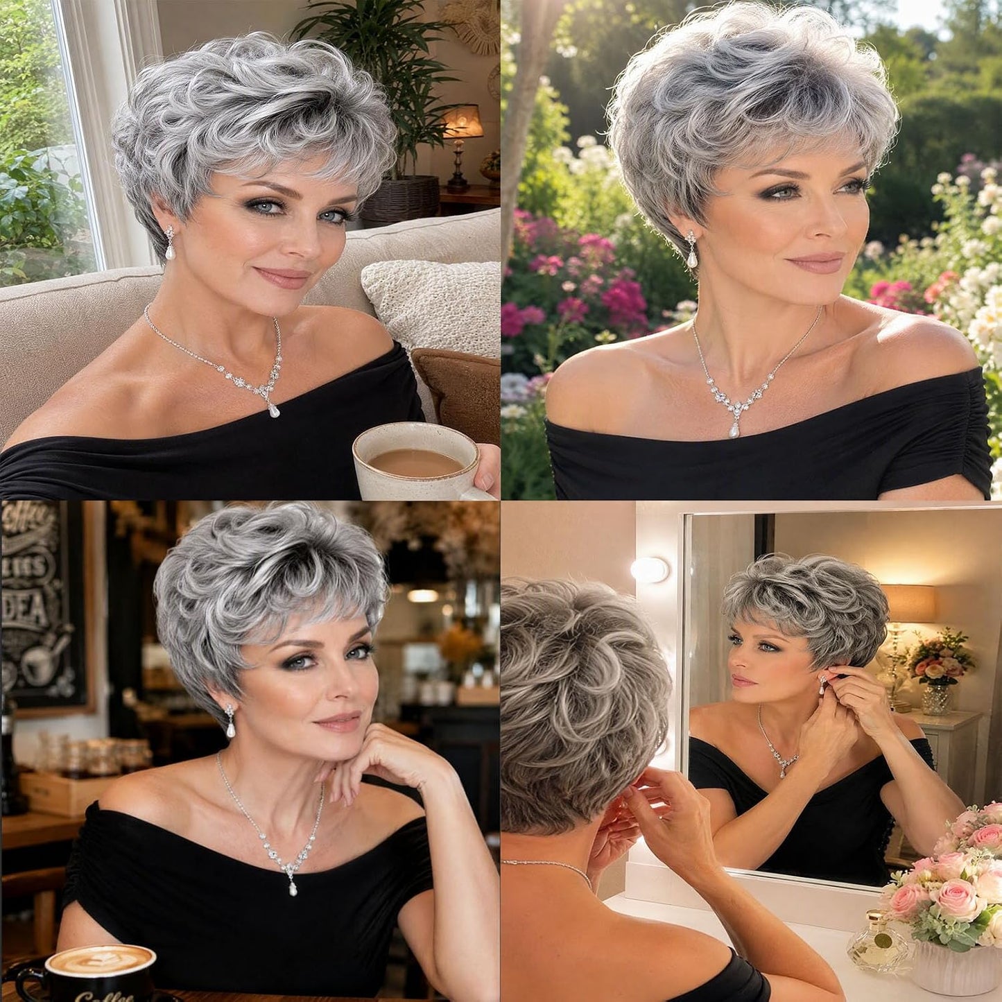 Women's Short Curly Silve Gray Wig Old Lady Hair | Fluffy Short Natual Wave Grey Hair Wigs for White Women Grandma Synthetic Daily Halloween Cosplay Party Wig Easy Care