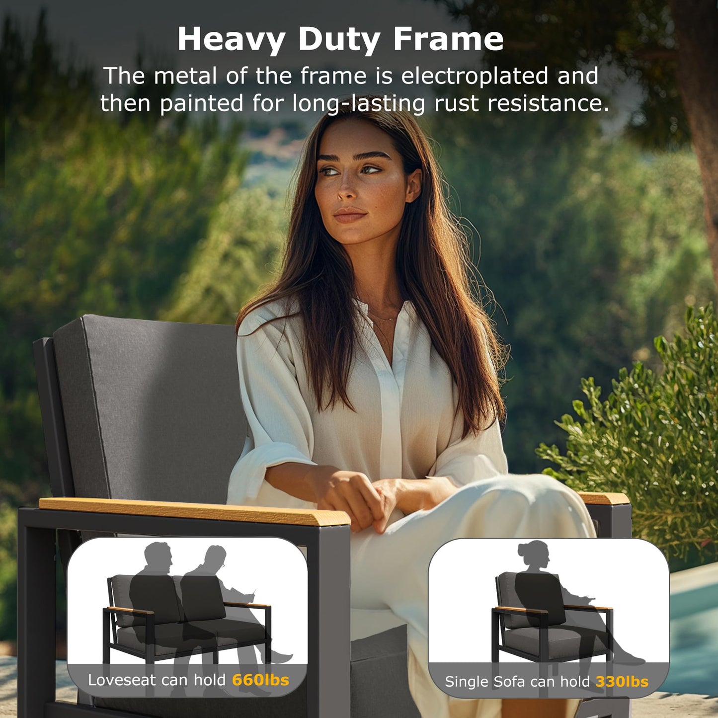 5-Piece Patio Furniture Set with 28” Propane Fire Pit Table, Heavy-Duty Metal Outdoor Conversation Set with Deep Cushions & Wood-Like Armrests for Patio, Porch, Backyard, Garden – Grey